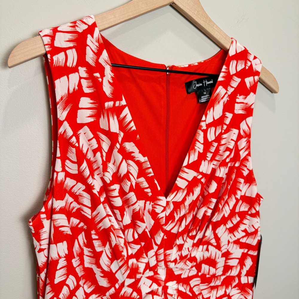 NWT Jessica Howard 14 Pleated Front Maxi Dress Sleeveless Red White Print Jersey - Picture 3 of 14